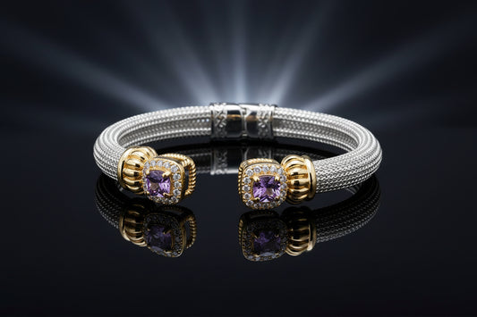 14K Gold Plated Two-Tone Textured Cuff Bangle, Purple