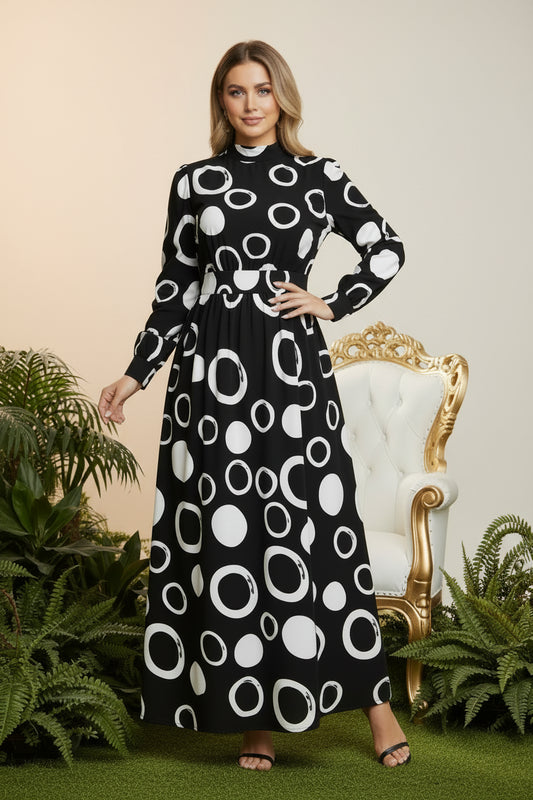 Long Sleeve Black Maxi Dress with Geometric Print