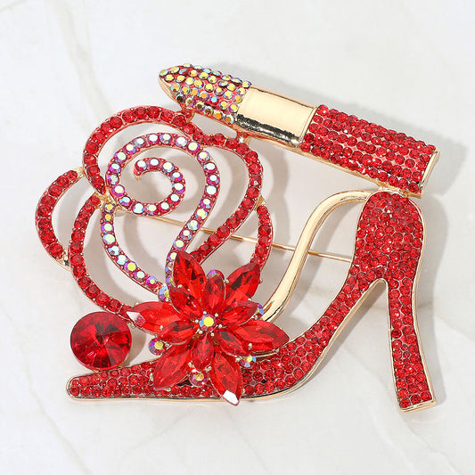 HIGH HEEL LIPSTICK FLOWER BROOCH GOLD RED