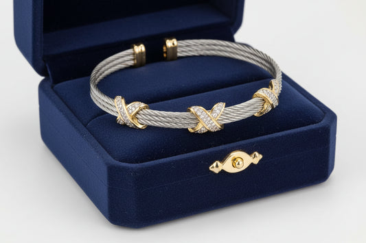 CZ Stone Cuff Bangle Cuff, Two Tone