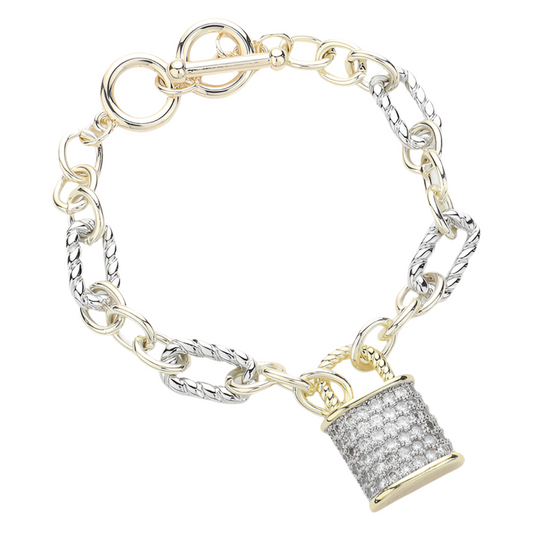 CZ Stone Lock Charm Link Toggle Bracelet