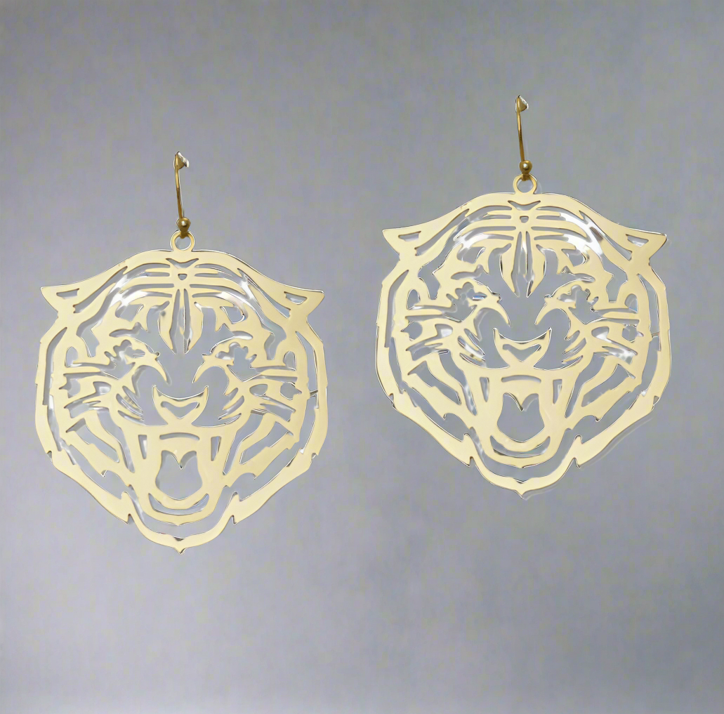 GOLD TIGER HEAD DANGLE EARRING