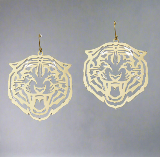 GOLD TIGER HEAD DANGLE EARRING