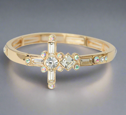 Cross Rhinestone Stretch Bracelet, Clear Gold