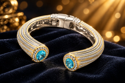 14k Gold Plated Blue Stone Open Cuff Bangle