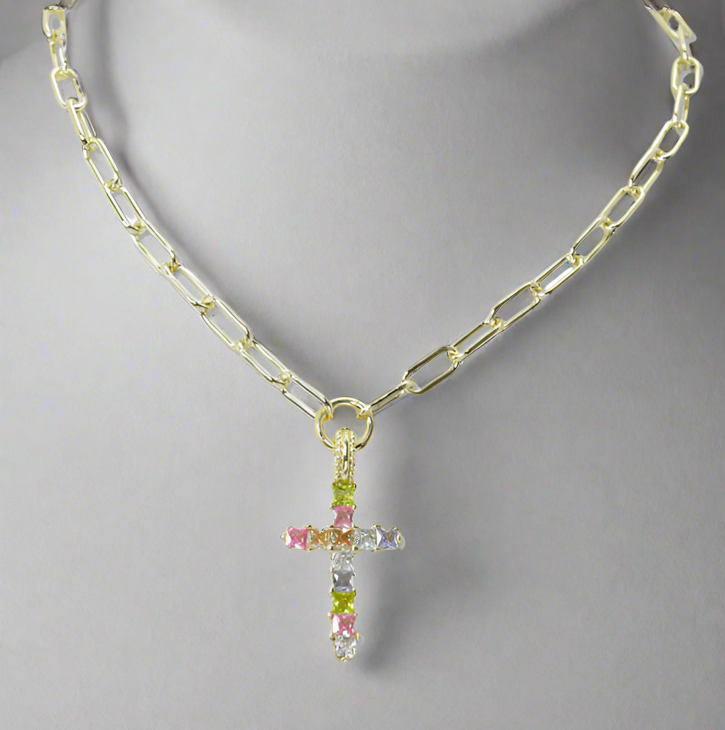 MULTI COLOR CUBIC ZIRCONIA CROSS PENDANT NECKLACE