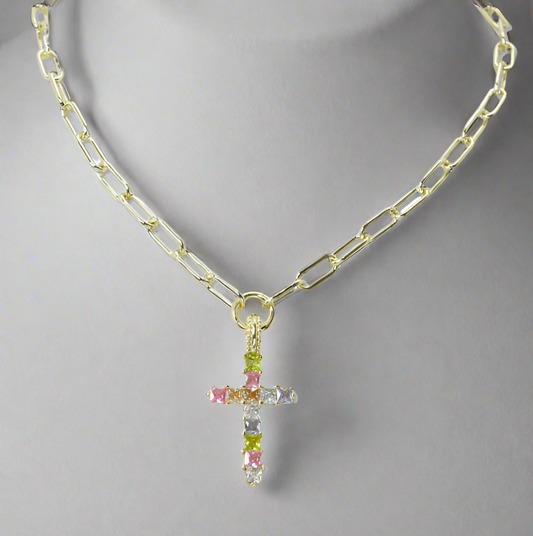 MULTI COLOR CUBIC ZIRCONIA CROSS PENDANT NECKLACE