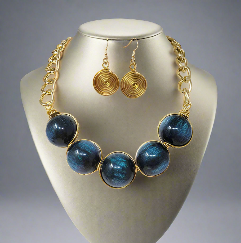 Ball Necklace Blue, Gold