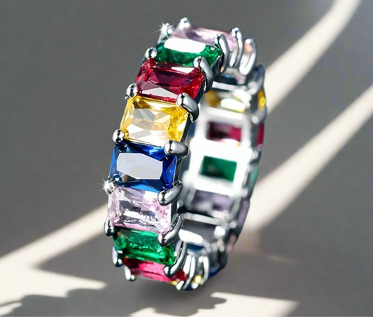 MULTI COLOR CUBIC ZIRCONIA BAND RING, RHODIUM
