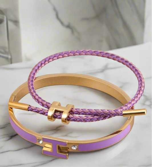2pcs H-Shape Buckle Hard Cord Bracelet and Bangle Set, Purple