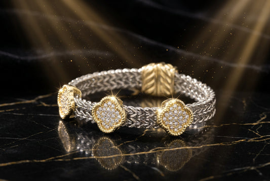 14K GOLD PLATED CLOVER TWO TONE MAGNETIC BRACELET