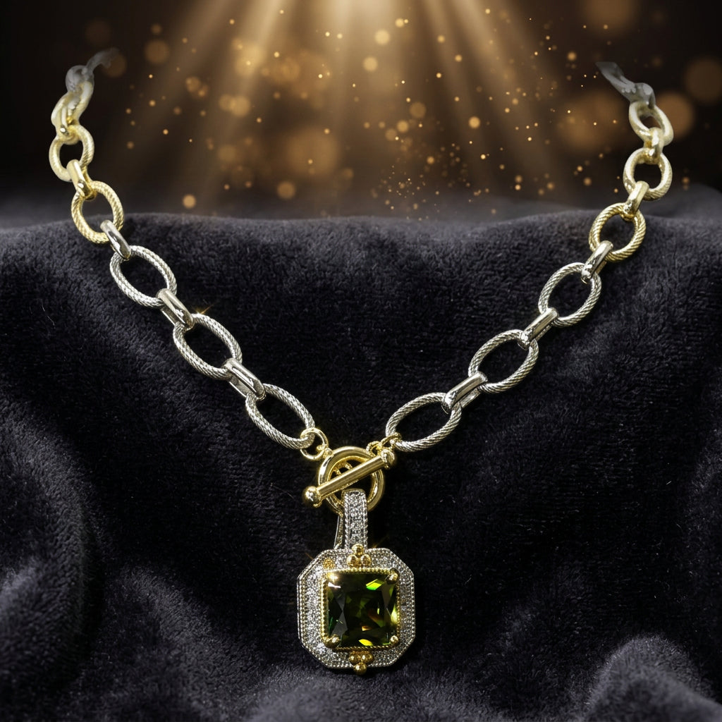 14K Gold Plated Emeral Green CZ Halo Stone Detachable Pendant Necklace