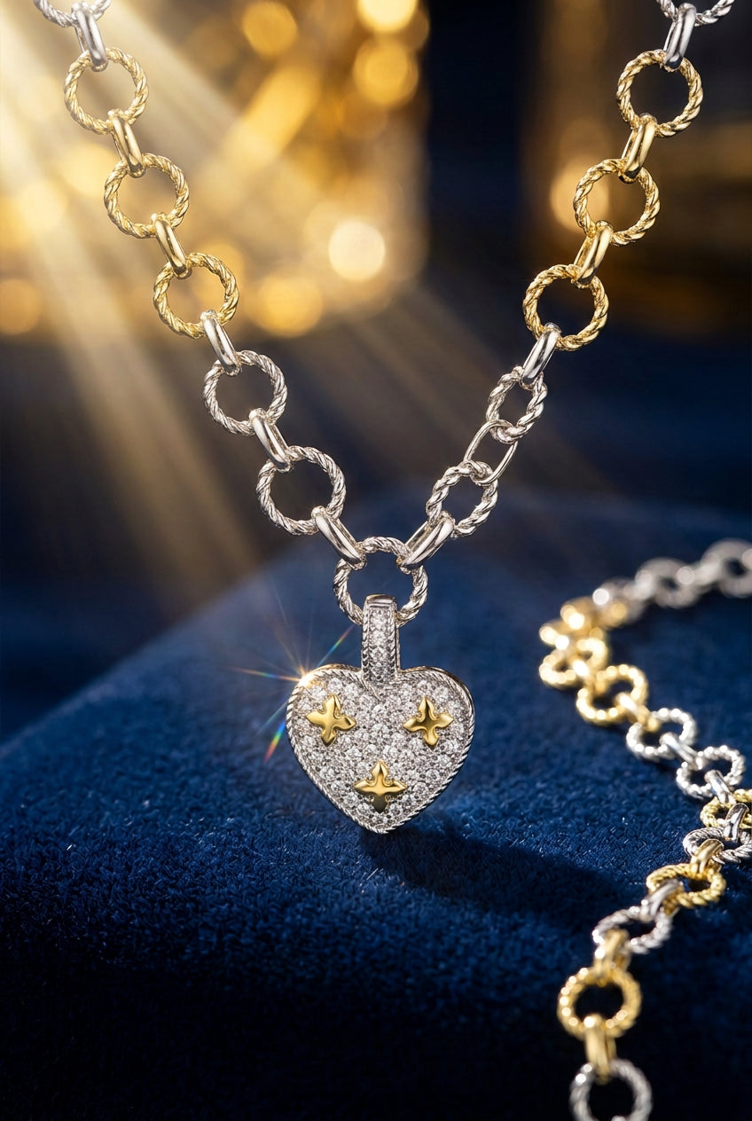 14K GOLD PLATED PAVE HEART PENDANT LINK NECKLACE, DETACHABLE