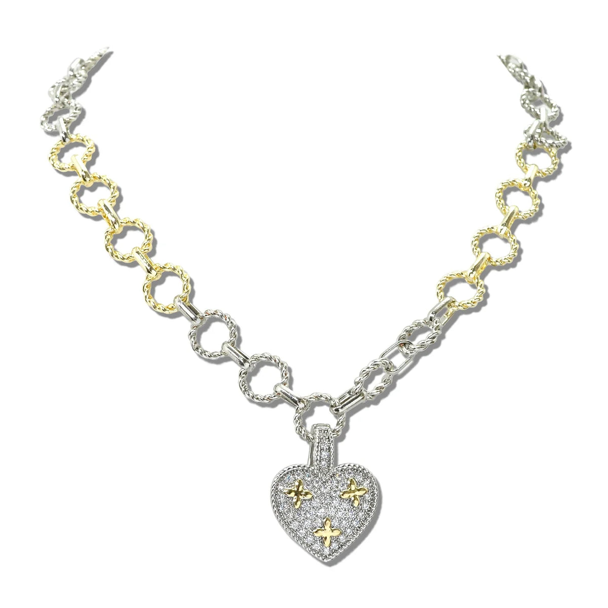 14K GOLD PLATED PAVE HEART PENDANT LINK NECKLACE, DETACHABLE