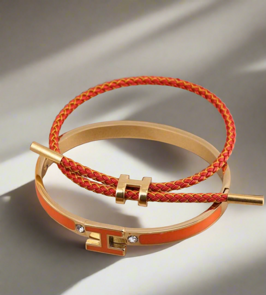 2pcs H-Shape
Buckle Hard Cord Bracelet and Bangle Set, Orange.