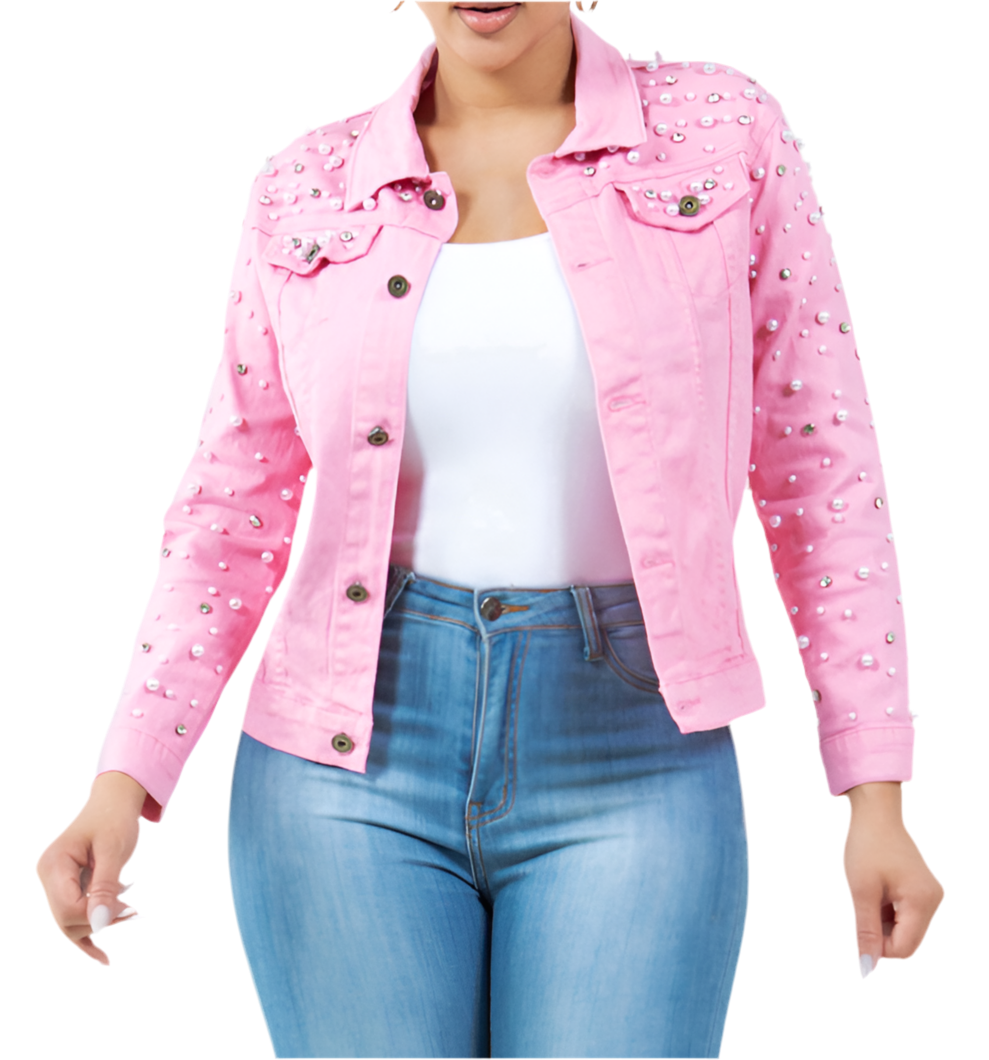 Pink Denim Jacket with Studded Pearl and Bling Crystals L/XL