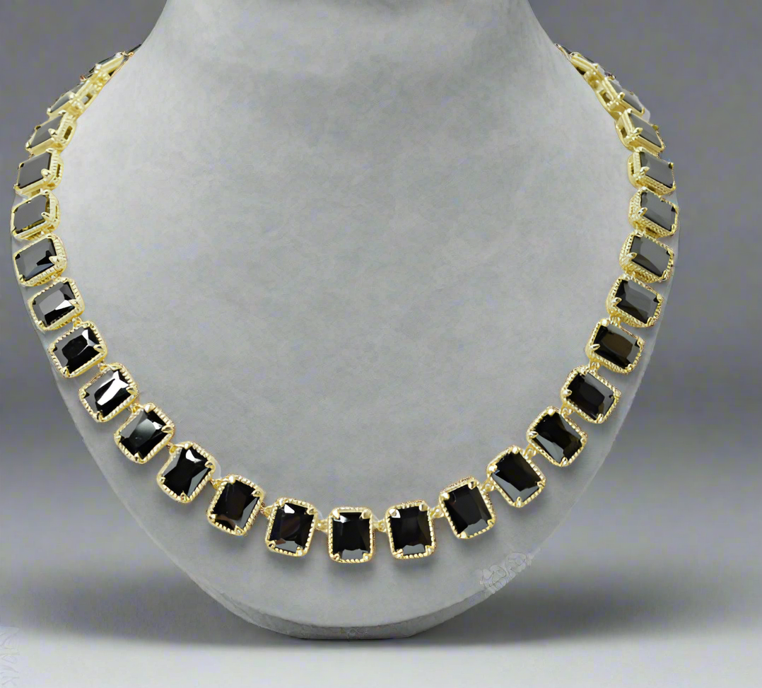 14K GOLD PLATED RECTANGLE CUBIC ZIRCONIA TOGGLE NECKLACE, BLACK
