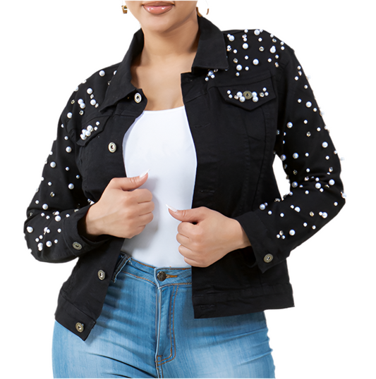 Black Denim Jacket with Studded Pearl and Bling Crystal Size L/XL