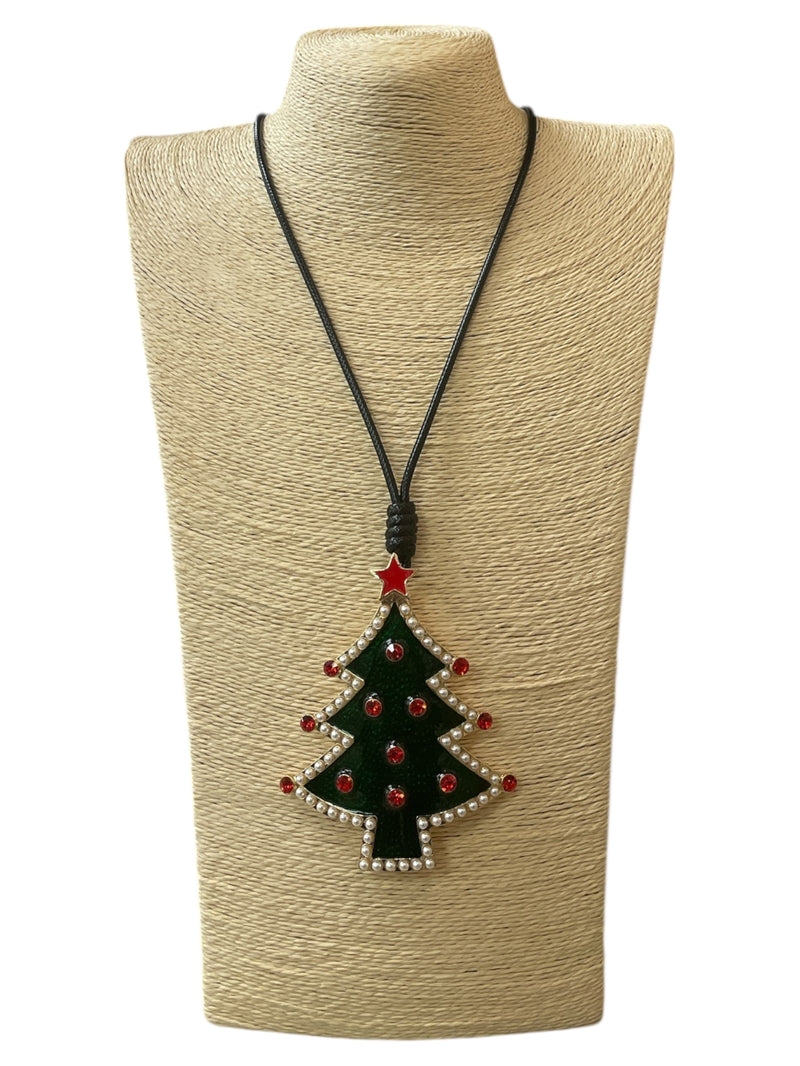 FESTIVE GREEN TREE NECKLACE WITH PEARL, LONG