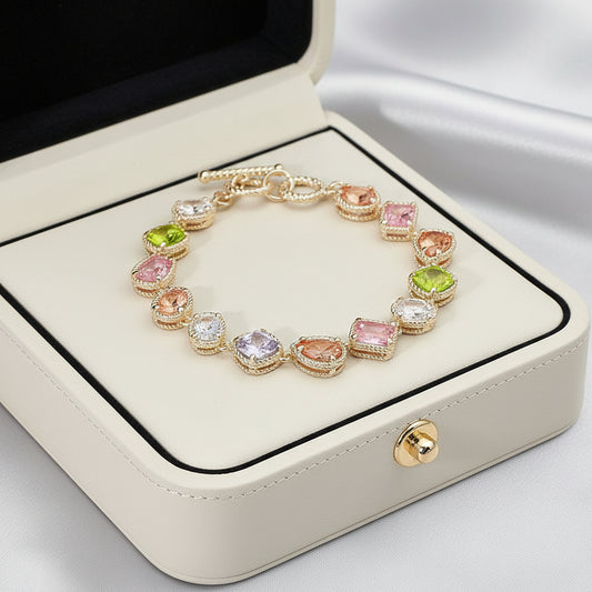 14K Gold Plated CZ Stone Toggle Bracelet, Multi