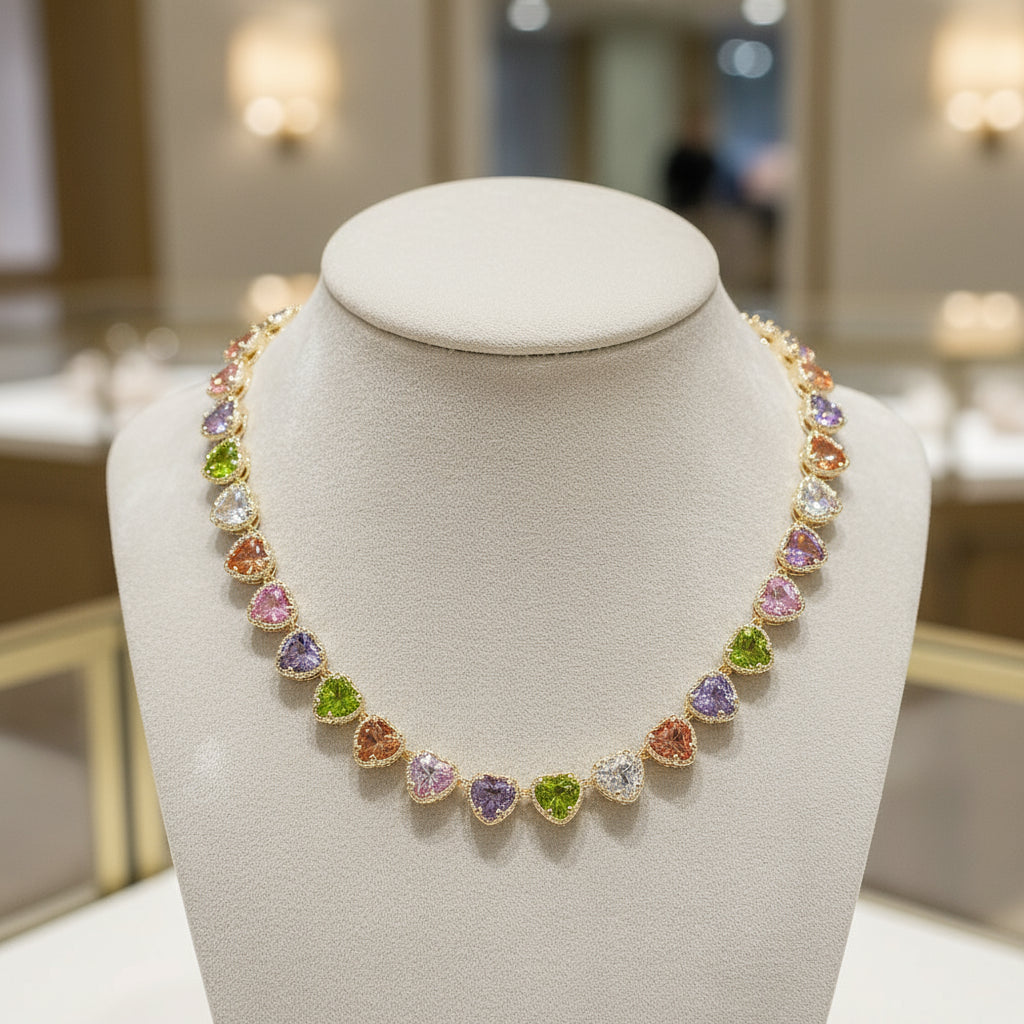 14K Gold Plated CZ Heart Toggle Necklace, Multi