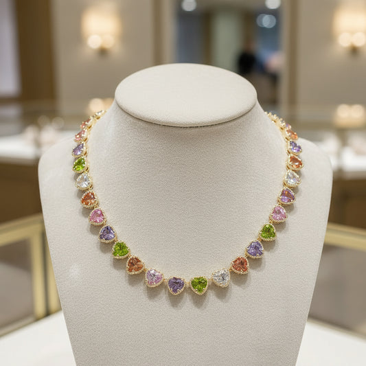 14K Gold Plated CZ Heart Toggle Necklace, Multi