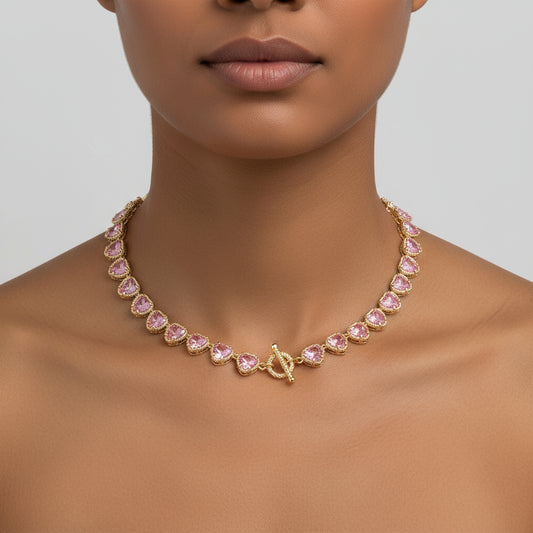 Pink Heart Stone Cluster Toggle Necklace, 14K Gold Plated