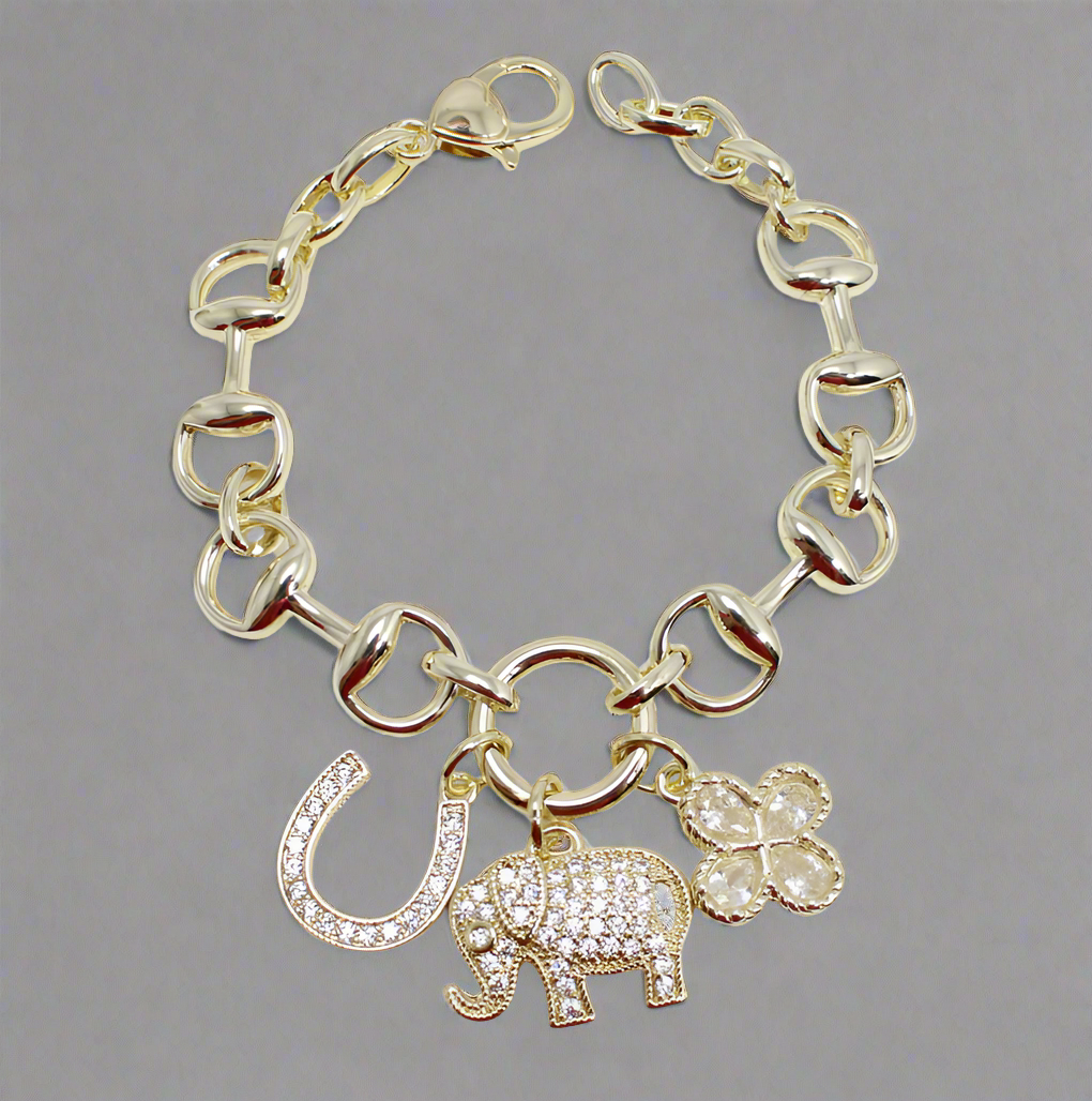 14K GOLD PLATED ELEPHANT  CUBIC ZIRCONIA CHARM BRACELET