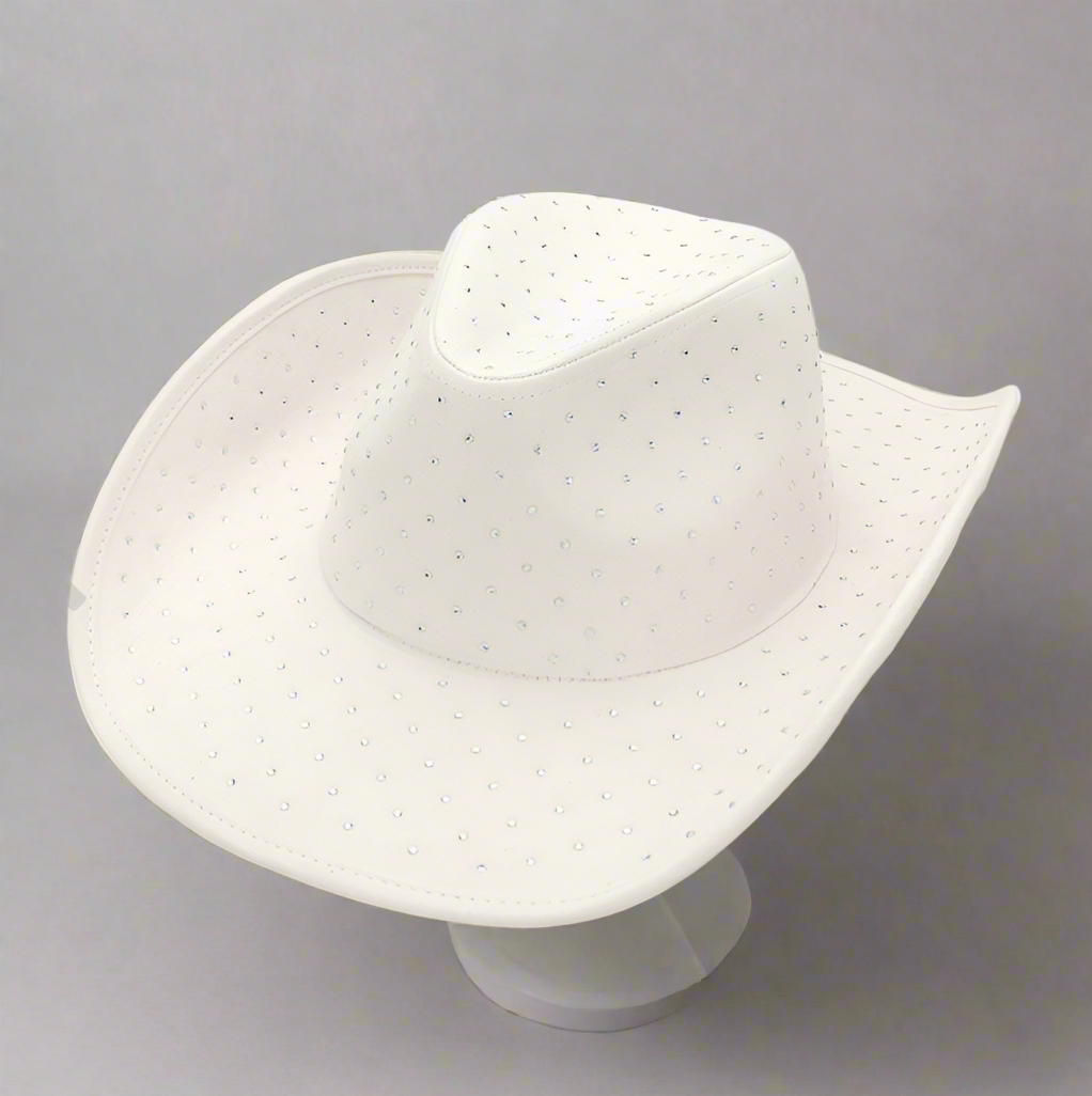 Denim Western Cowboy Hat Embellish With Rhinestones, White