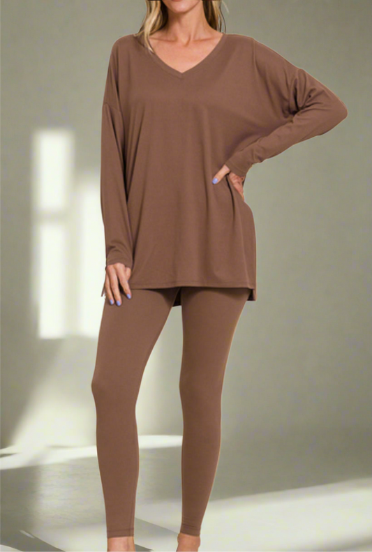 V-Neck Long Sleeve Two Piece Set - Brown