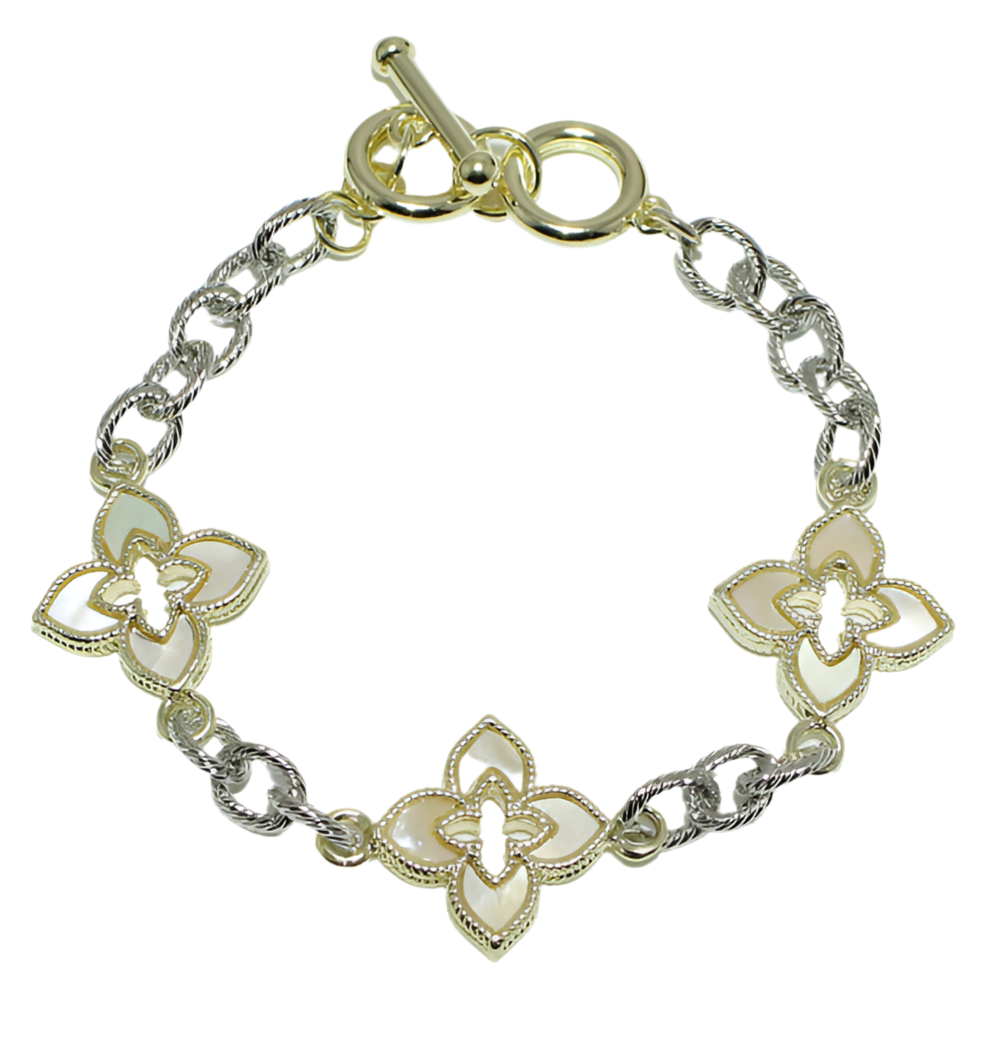 Two Tone/Mother of Pearl, 14K Gold Plated, Clover Toggle Bracelet