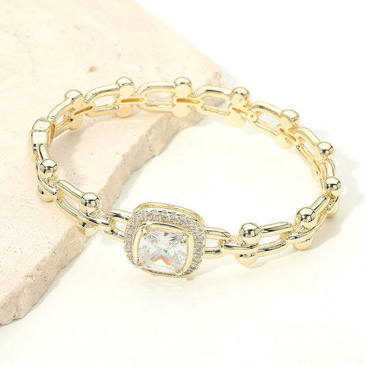 Elegant CZ Stone Square Bangle Bracelet, Gold