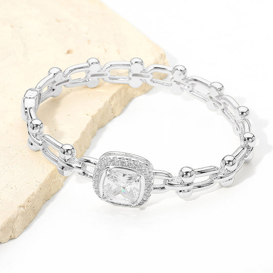 Elegant CZ Stone Square Bangle Bracelet, Rhodium