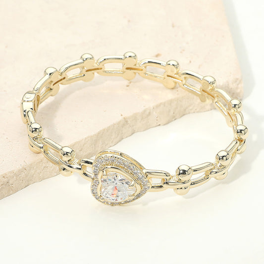Elegant CZ Stone Heart Bangle Bracelet, Gold