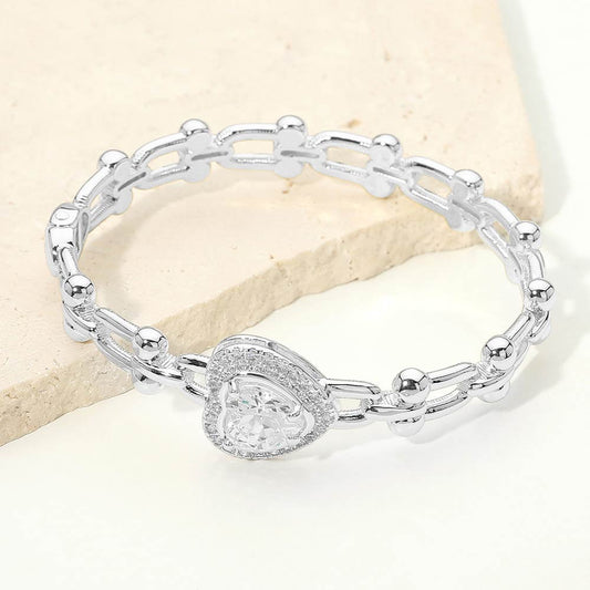Elegant CZ Stone Heart Bangle Bracelet, Rhodium
