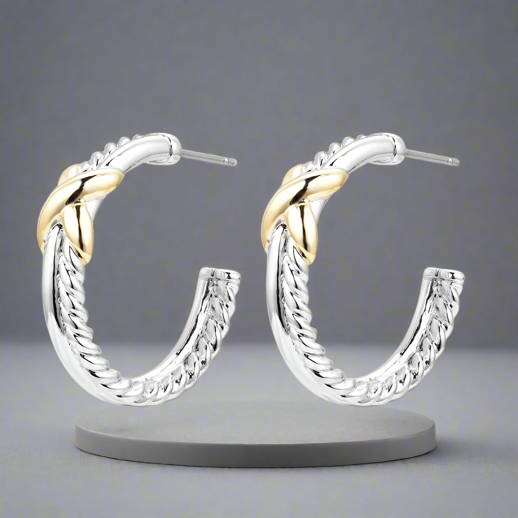 Twisted Hoop Earring with Gold X, Silver