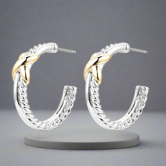 Twisted Hoop Earring with Gold X, Silver
