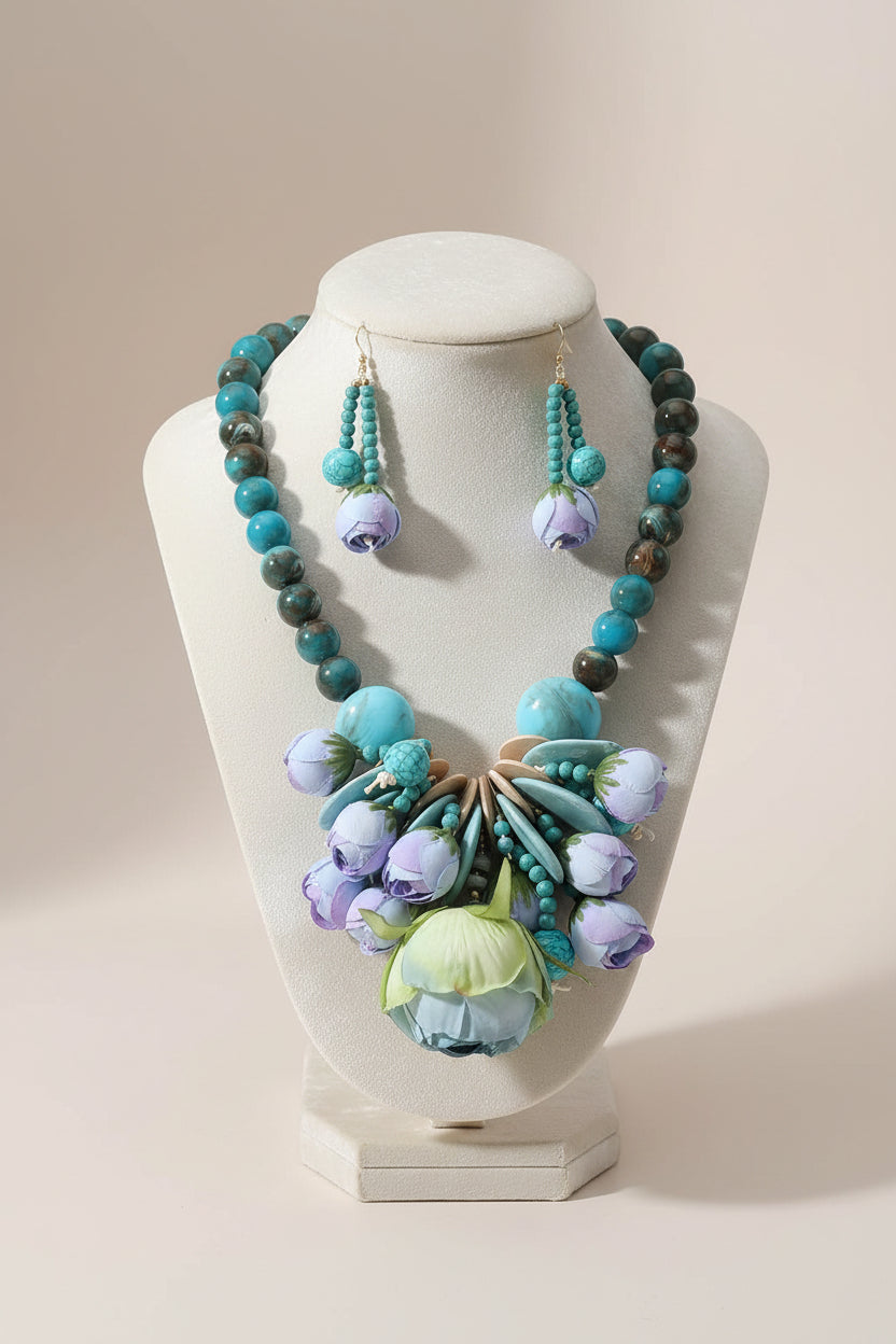 Chunky Beaded Flower Necklace, Turquoise Blue