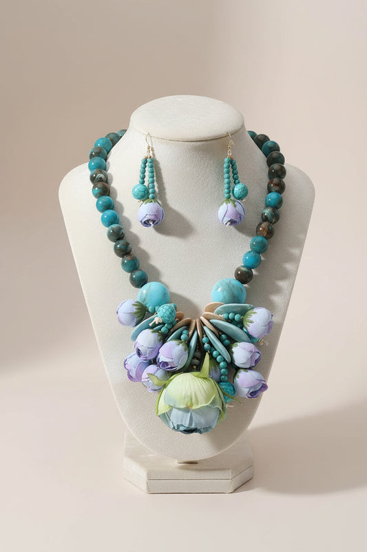 Chunky Beaded Flower Necklace, Turquoise Blue