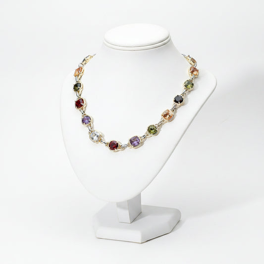 14K Gold Plated Multi CZ Square Stone Toggle Necklace, Two-Tone