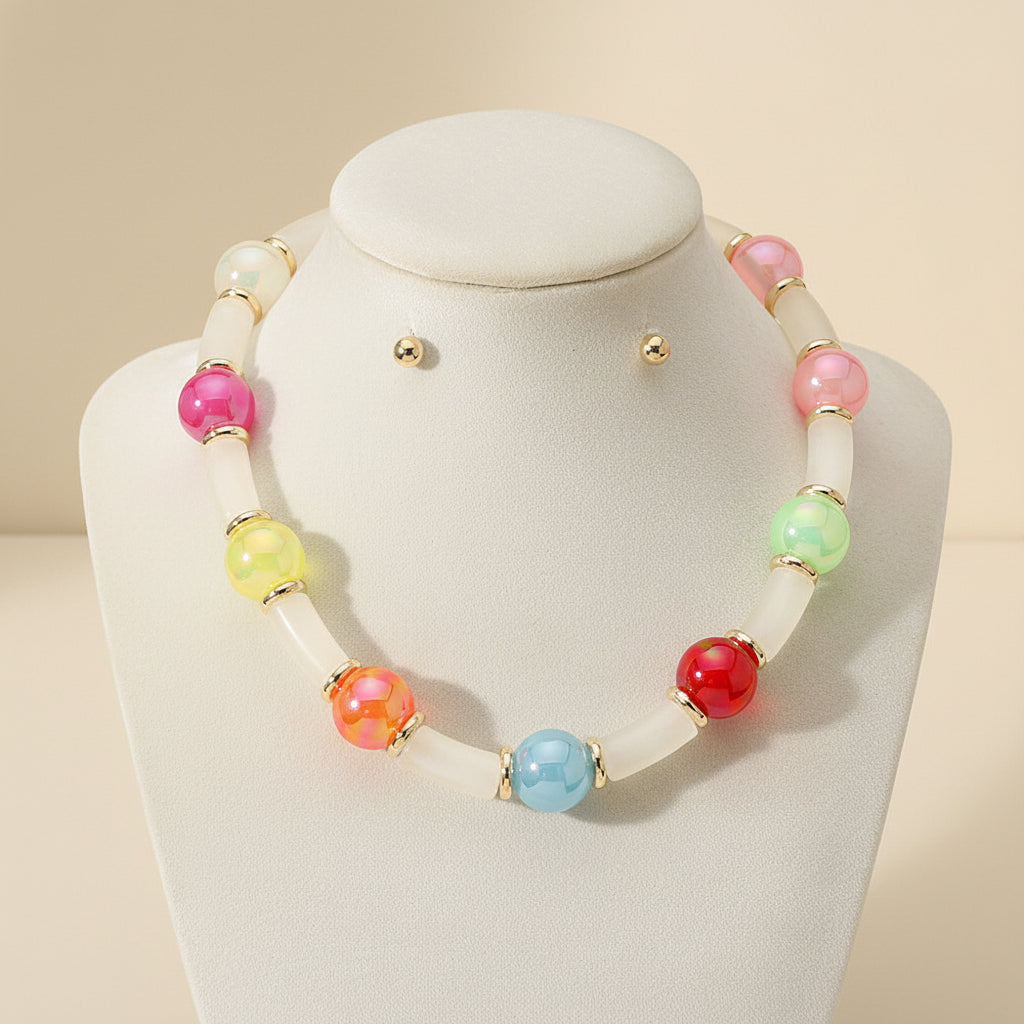 Beaded Necklace Earring Set, Multi Gold