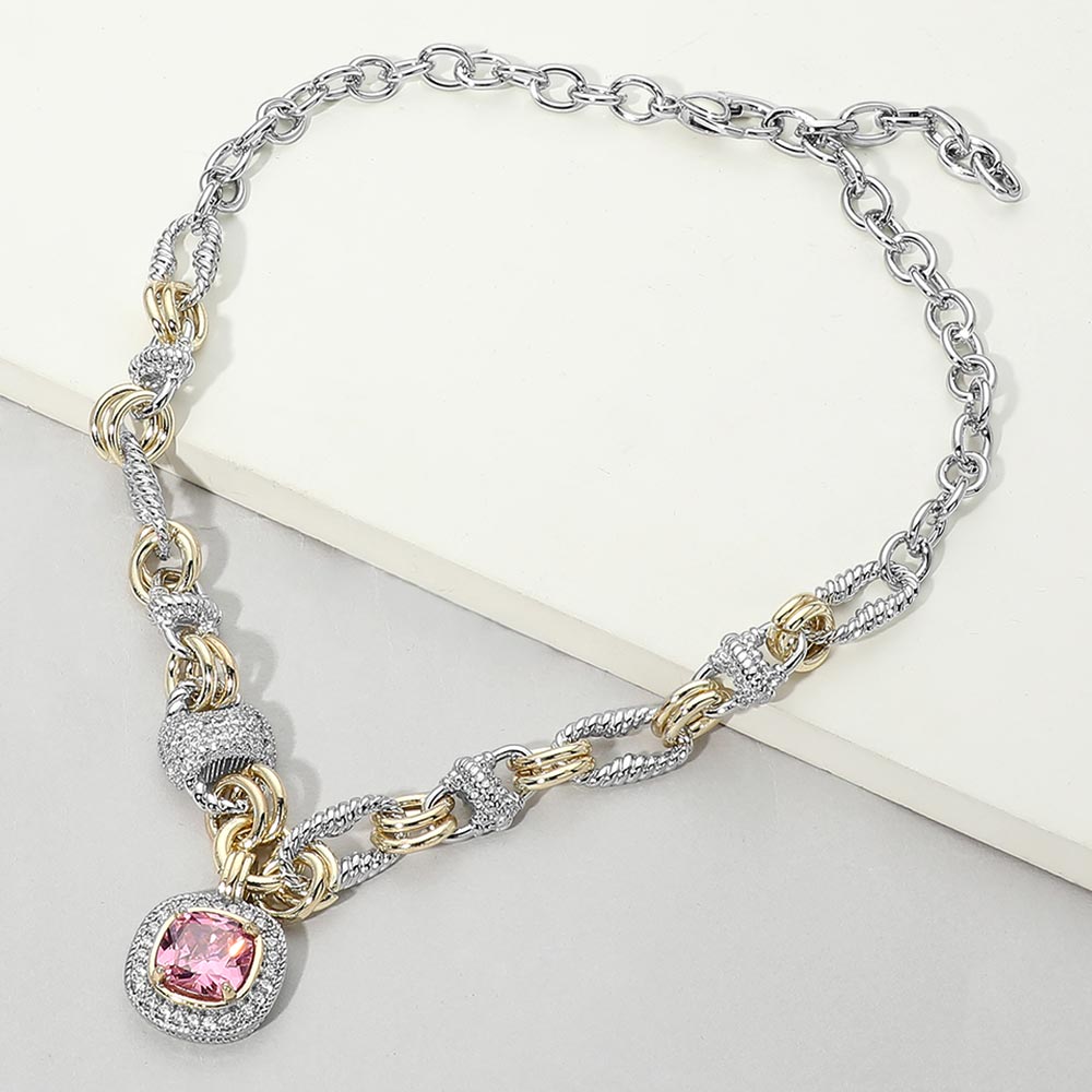 14K Gold Plated Pink CZ Stone Statement Necklace