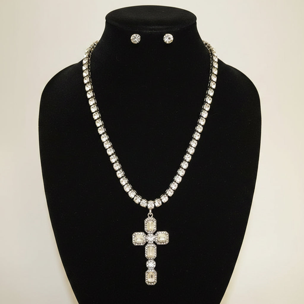 RHINESTONE CROSS NECKLACE AND EARRING SET, GOLD