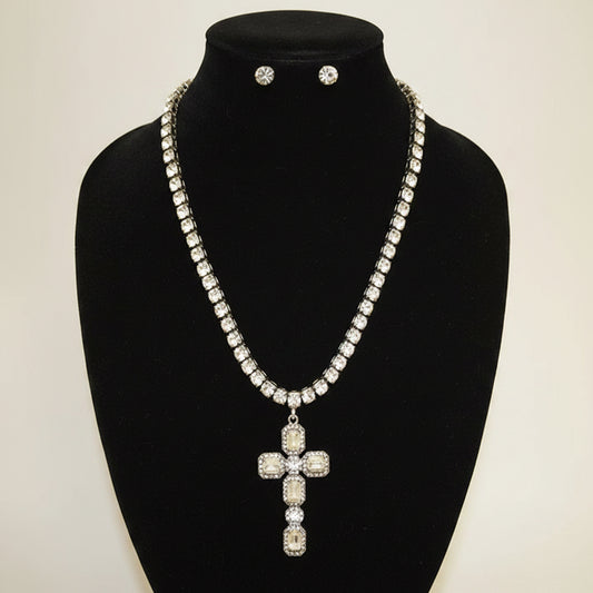 RHINESTONE CROSS NECKLACE AND EARRING SET, GOLD