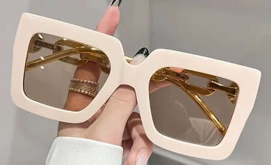 Oversized Square Sunglasses/Luxury Chain Temple - Cream Color