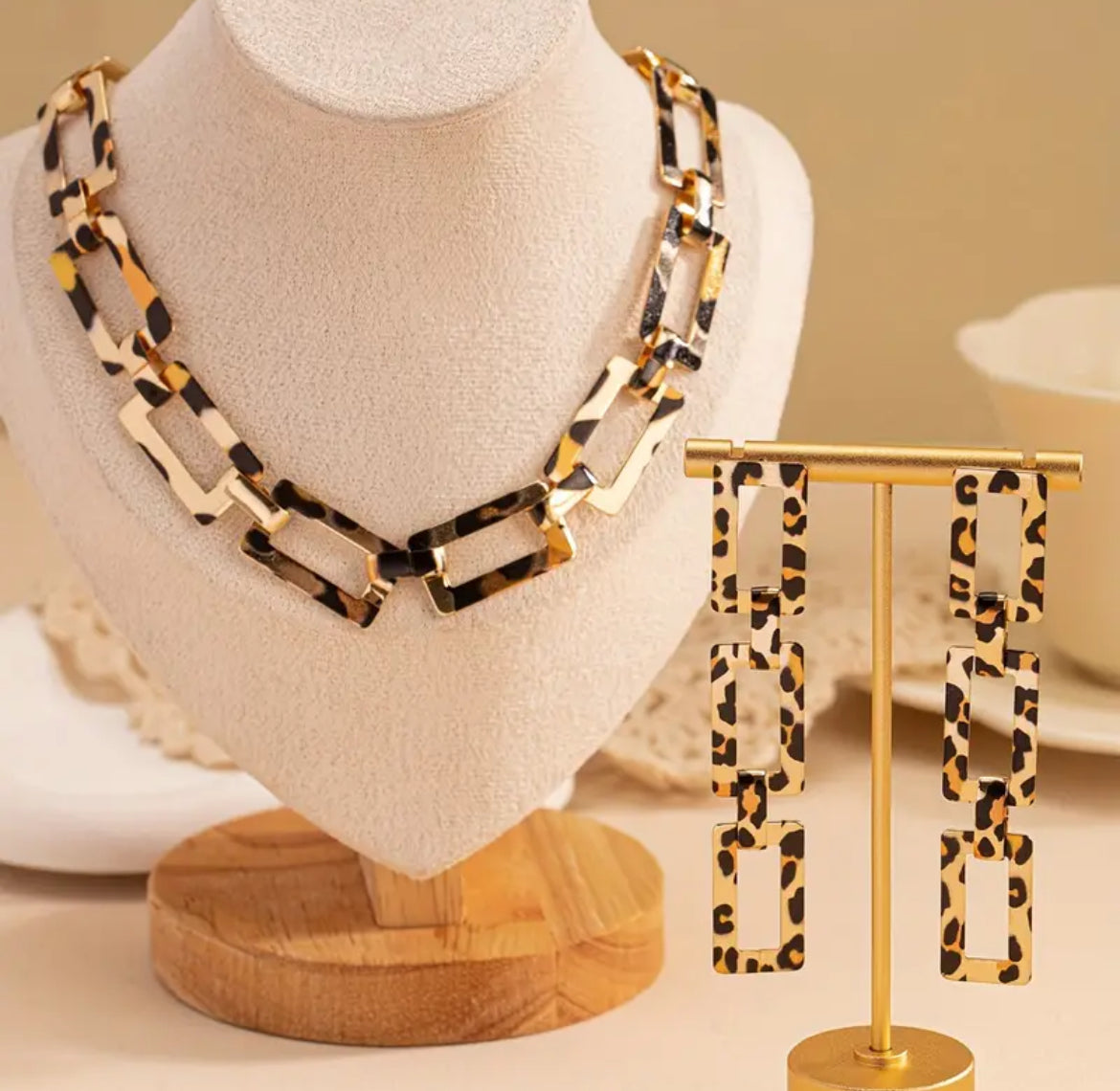 Leopard Print Square Necklace & Earrings Set