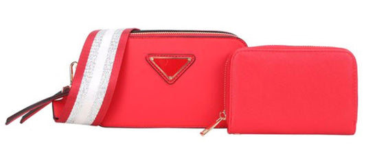 Faux Leather Crossbody Bag +Wallet Set Red