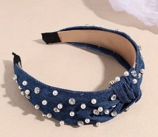 Dark Denim Headband with Pearls and Rhinestones