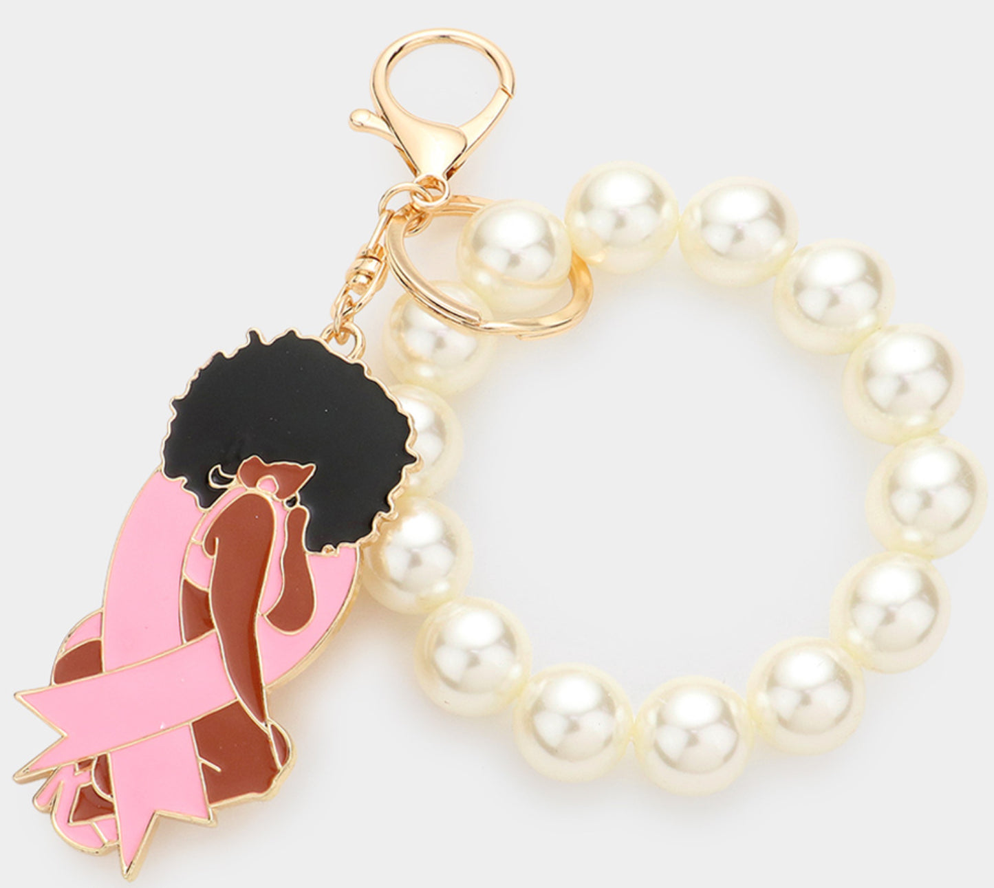 Pink Ribbon Afro Girl Pearl Stretch Keychain/Bracelet