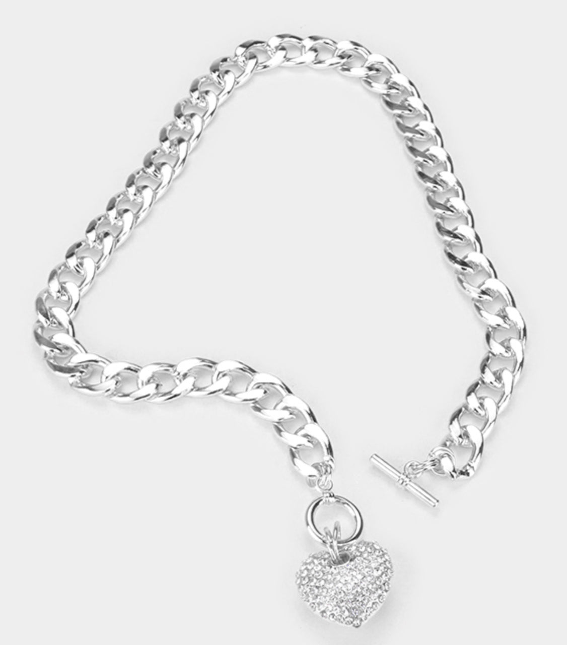 Heart Pendant Toggle Necklace with Rhinestones Rhodium